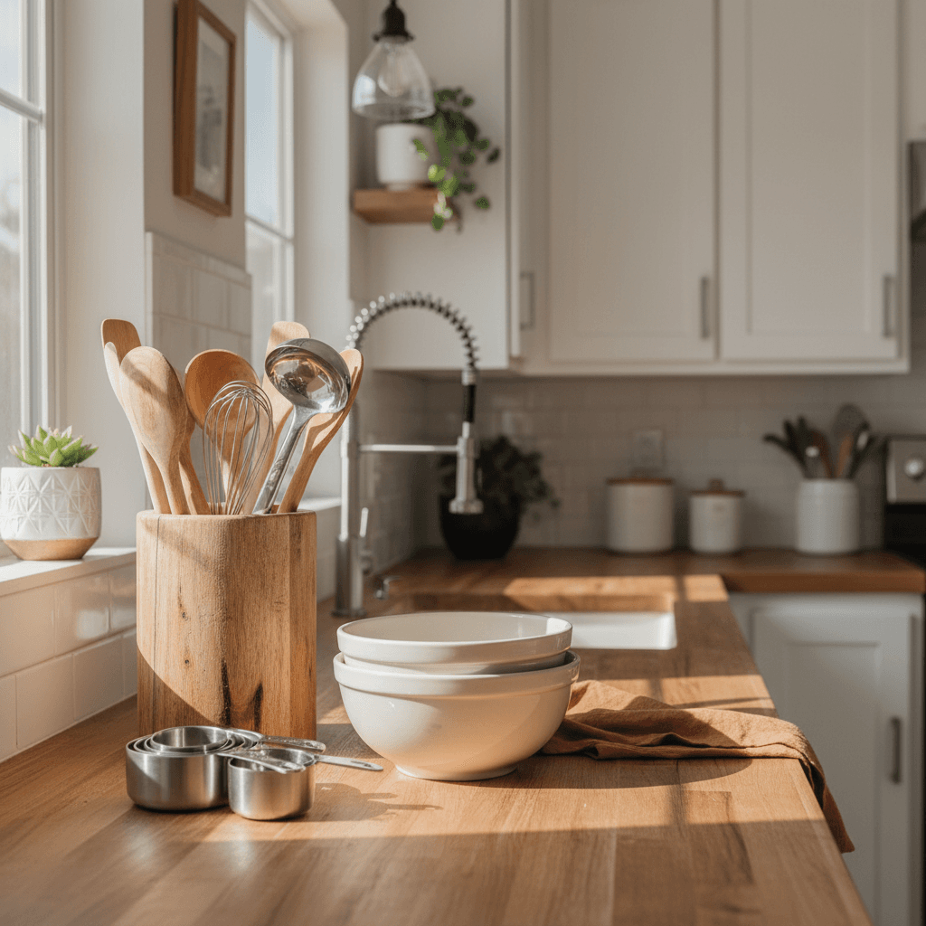 Practical household essentials arranged on a kitchen counter