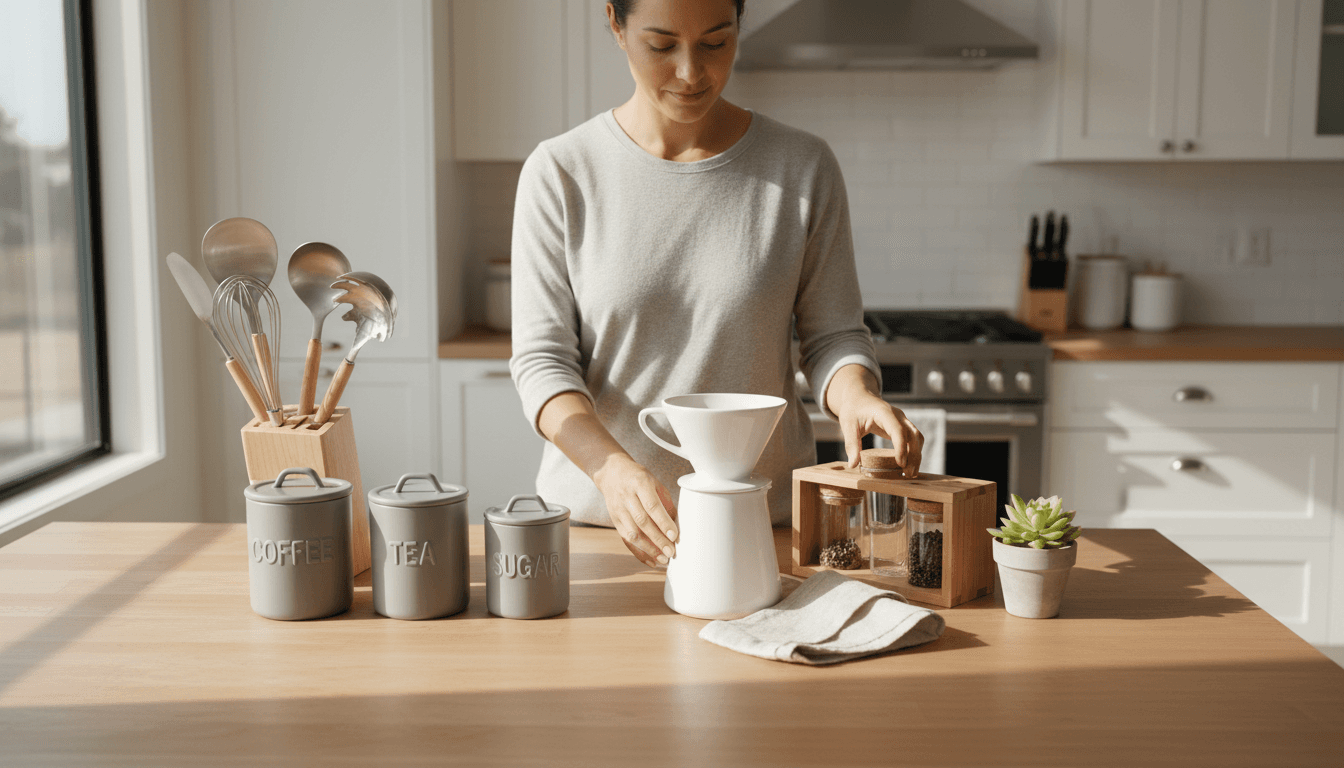 Organized home and kitchen products displayed on a clean modern counter