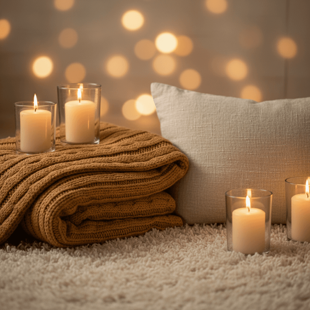 Cozy home textiles and comfort items arranged together
