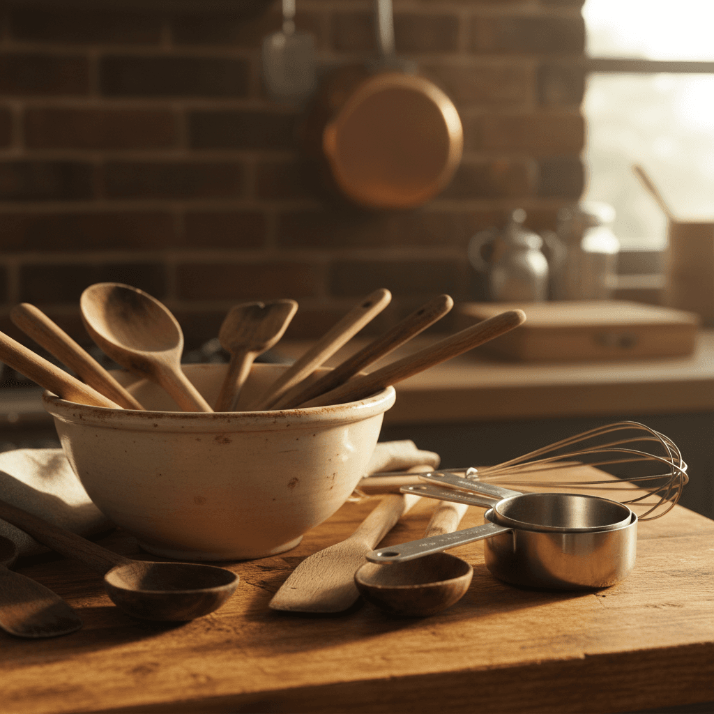 Kitchen essentials and cooking utensils on wooden surface