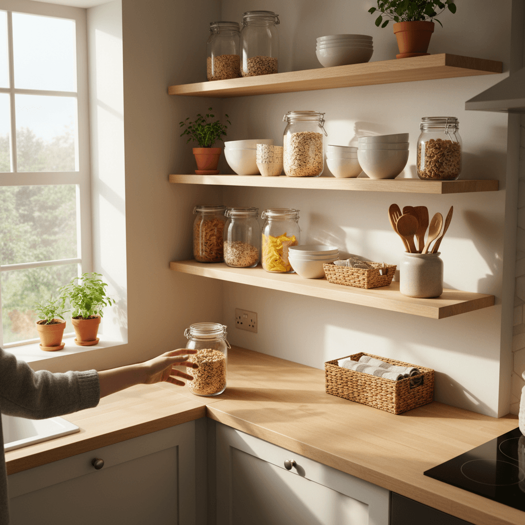 Open kitchen shelving displaying affordable home essentials