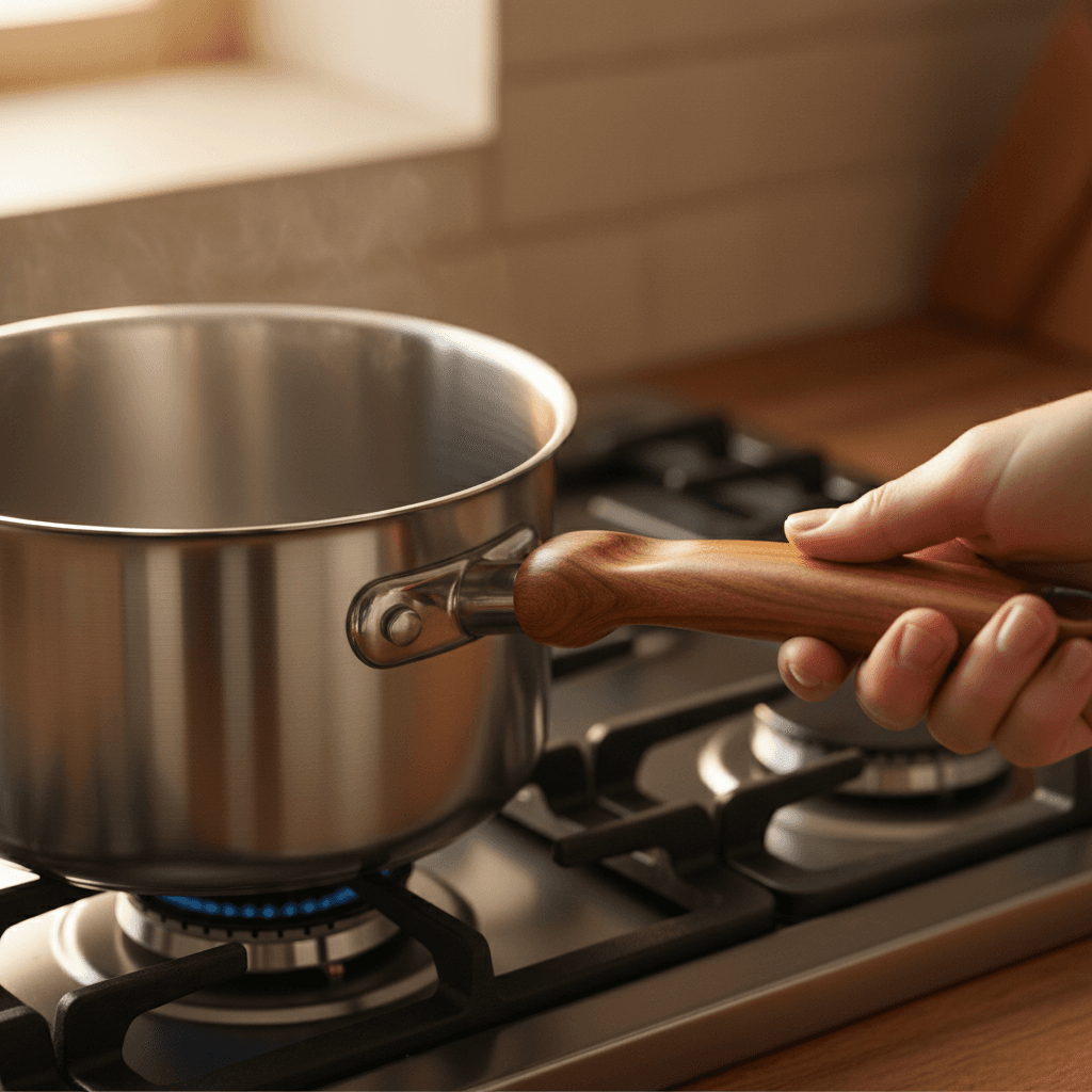 High-quality stainless steel cookware with wooden handles