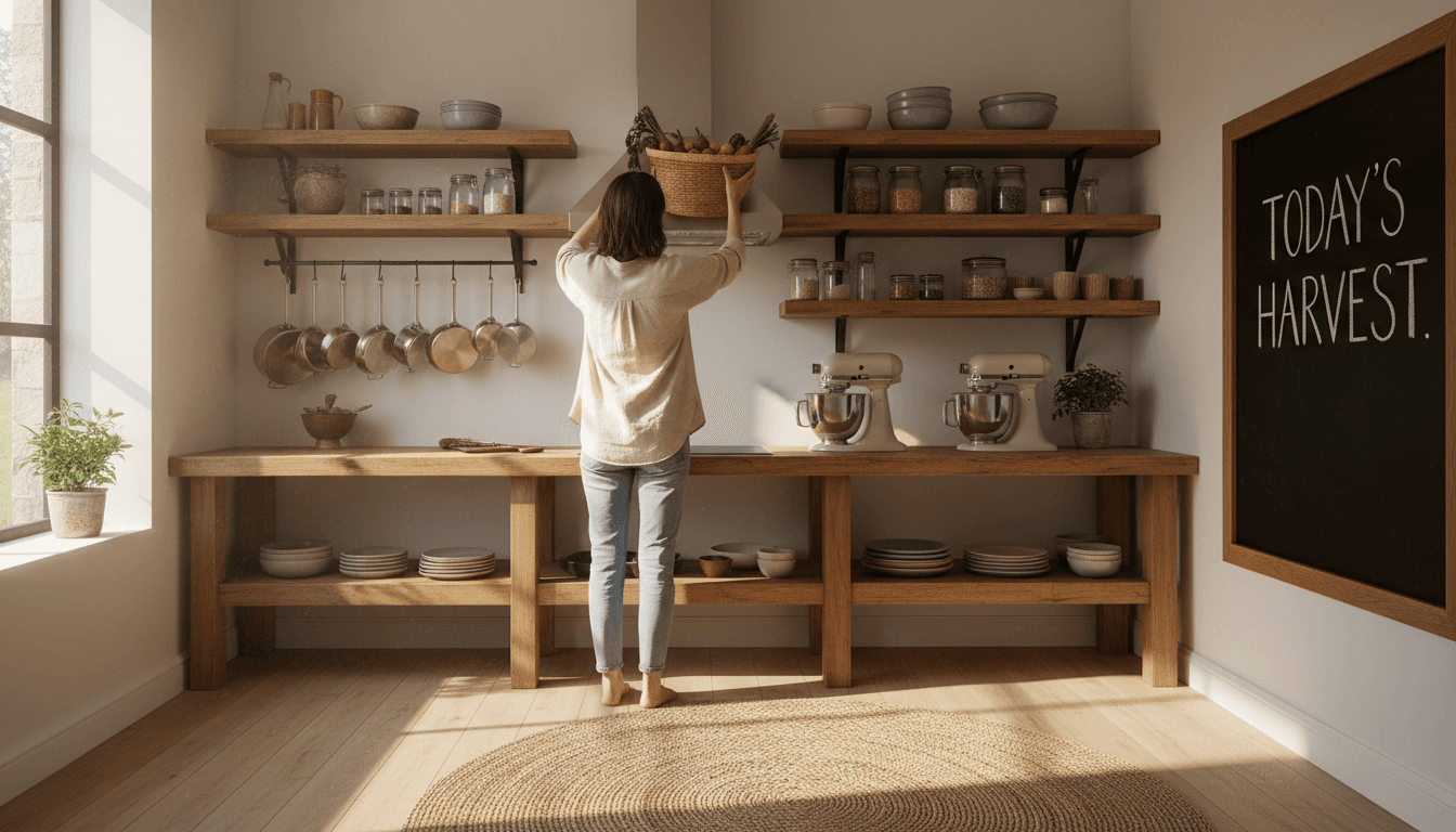 Organized modern kitchen with curated home and kitchen products on open shelving