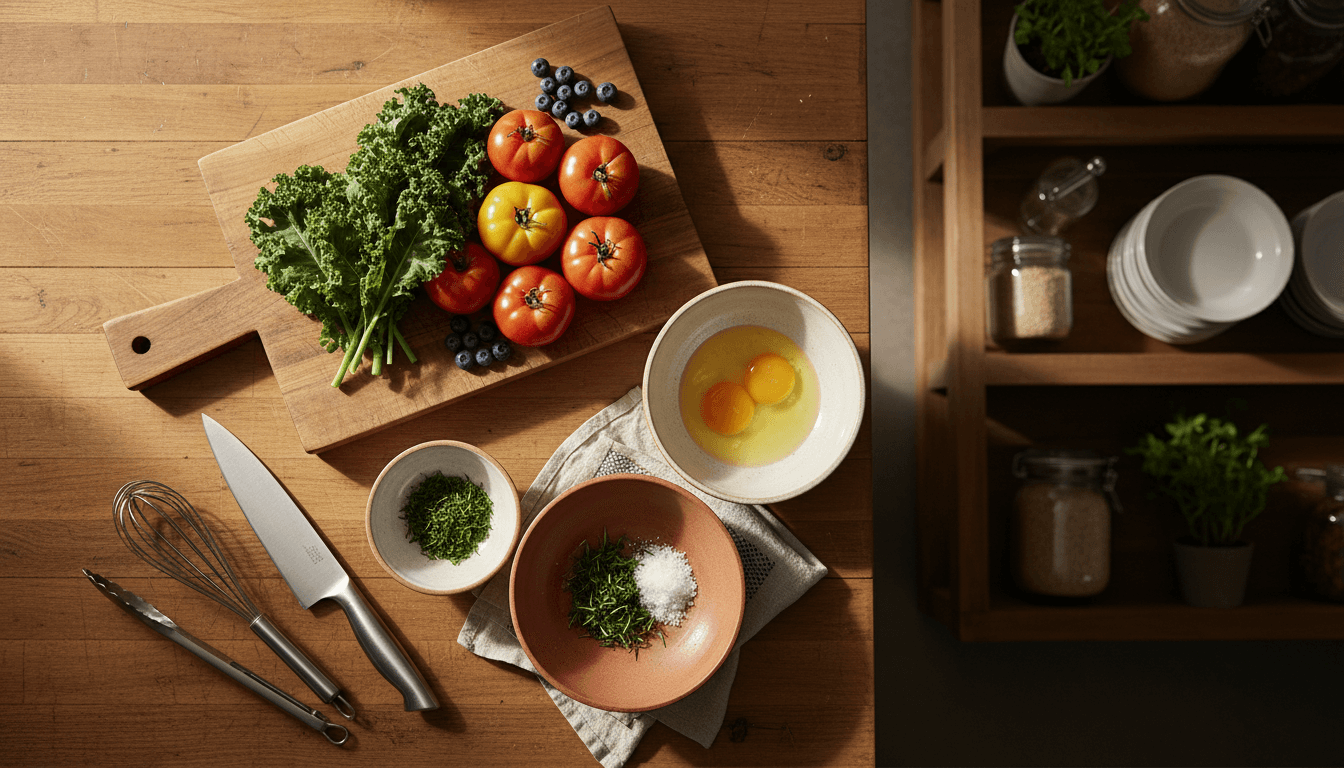 Organized kitchen workspace with home and kitchen essentials arranged on natural wood countertop