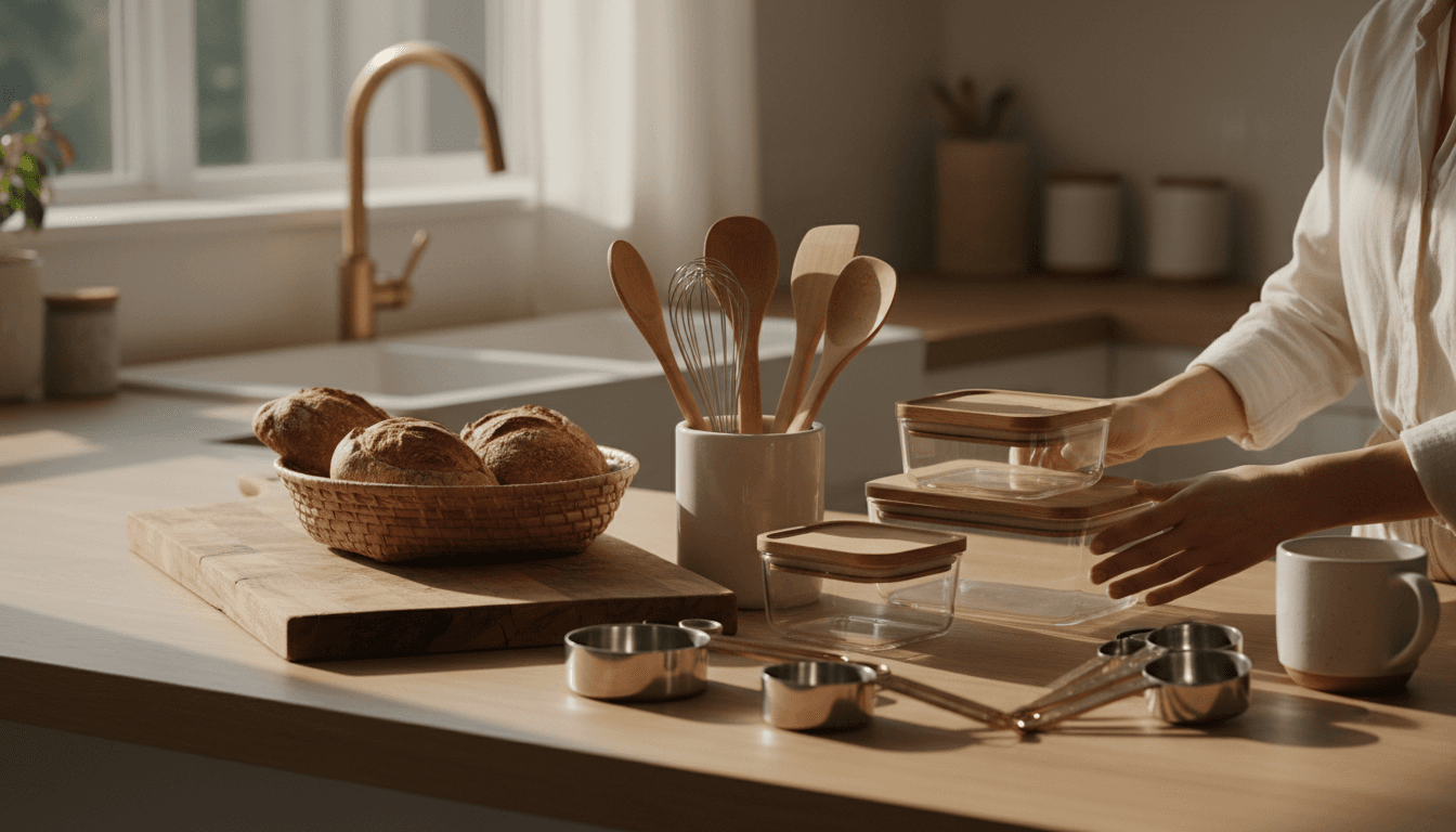 Organized kitchen counter with home and kitchen essentials in natural morning light